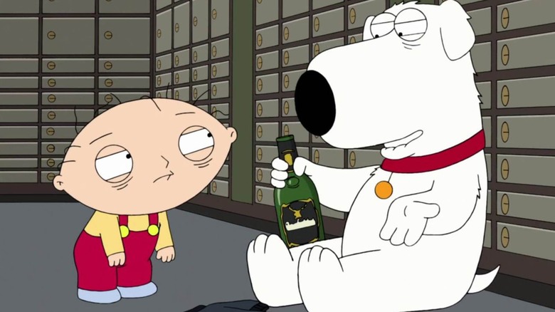 Stewie looks at Brian holding a bottle
