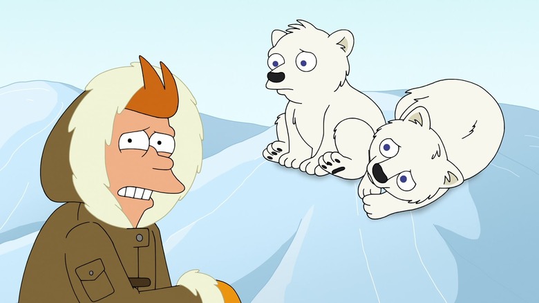 Fry looking at two baby polar bears on Futurama
