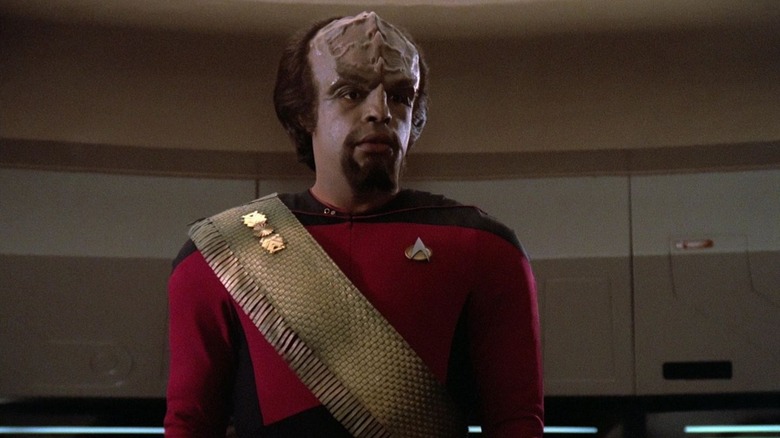 Worf on the bridge of the Enterprise in the first episode of Star Trek: The Next Generation.