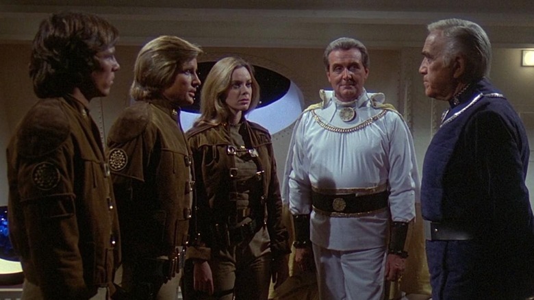Adama, Count Iblis, Lieutenant Starbuck, Captain Apollo, and Sheba in Battlestar Galactica (1978)