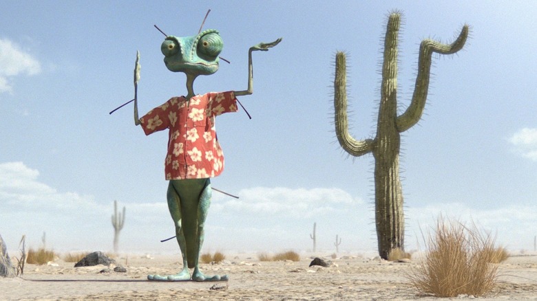 Rango with thorns in his body, posing next to a cactus in Rango.