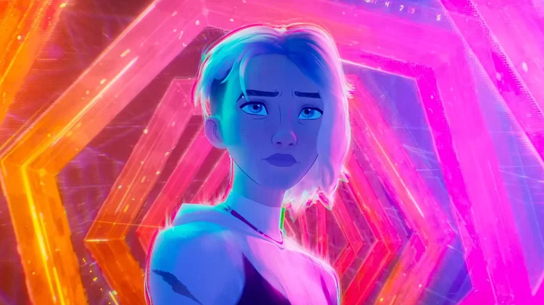 Spider-Man: Across The Spider-Verse Gwen Stacy surrounded by purple multiverse portal light
