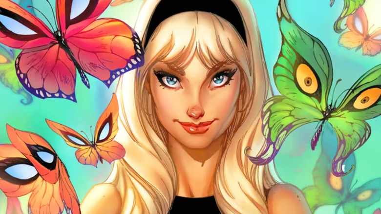 Gwen Stacy surrounded by Spider-Man and Green Goblin-themed butterflies