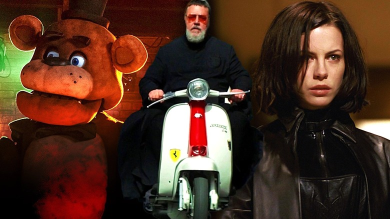 Freddy Fazbear (Kevin Foster) in Five Night's at Freddy's (2021), Father Gabriele Amorth (Russell Crowe) riding a vespa in The Pope's Exorcist (2021), and Selene (Kate Beckinsale) in Underworld (2003)