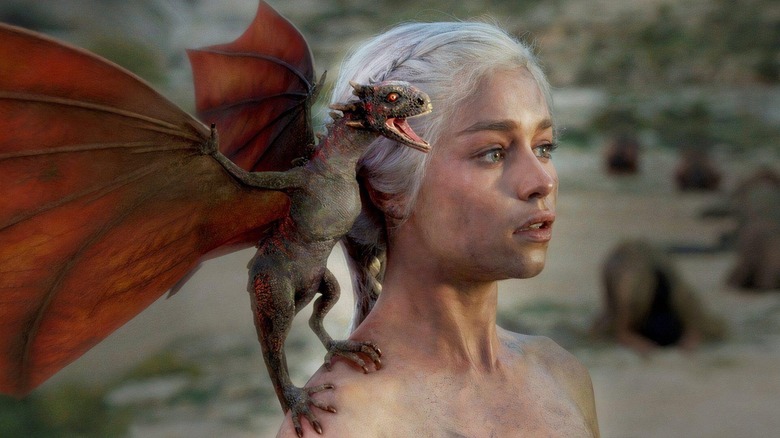 Game of Thrones, Daenerys emerging from the flames with Drogon on her shoulder