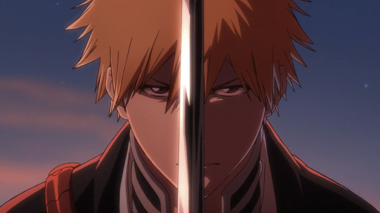 Ichigo Kurosaki holding his blade in front of his face in Bleach