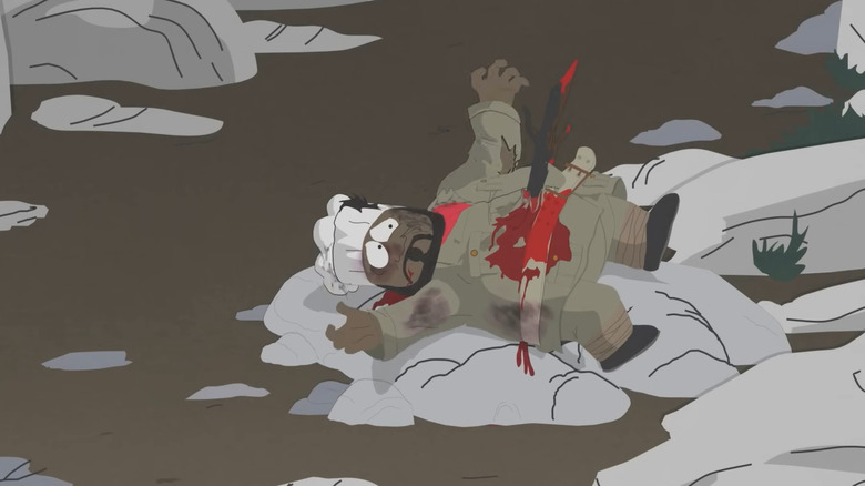 Chef impaled by a stick, bleeding out on South Park