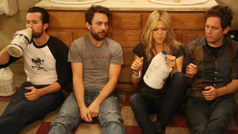 Mac Charlie Dee and Dennis in the Paddy's bathroom on It's Always Sunny in Philadelphia