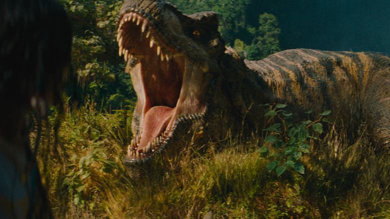 A T-rex roaring in Jurassic World Rebirth