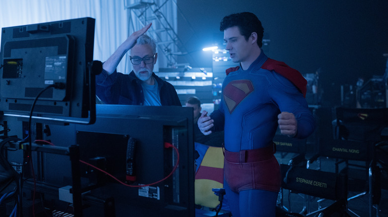 James Gunn directs David Corenswet as Superman in a behind-the-scenes still from Superman