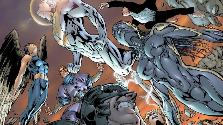 The members of The Authority are seen flying into the sky from below on the cover of The Authority #1