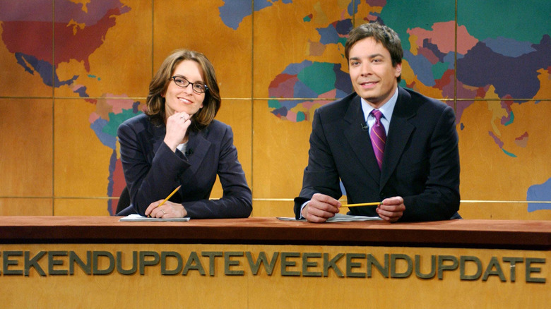 SNL, Weekend Update, Tina Fey and Jimmy Fallon at the update desk