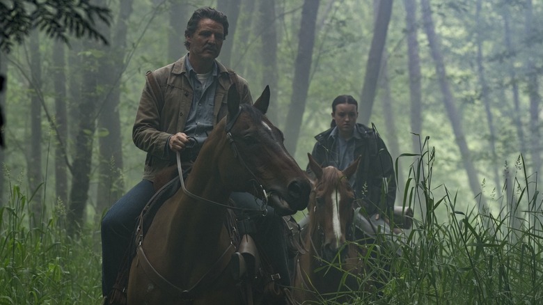 Joel and Ellie approaching an unseen Eugene on horseback in The Last of Us