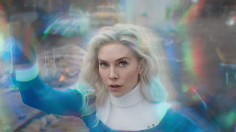 The Invisible Woman projects a force field that creates a rainbow glow around her in "The Fantastic Four: First Steps"