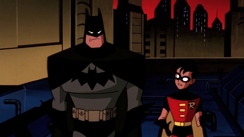 Batman and Robin walking on a rooftop in New Batman Adventures