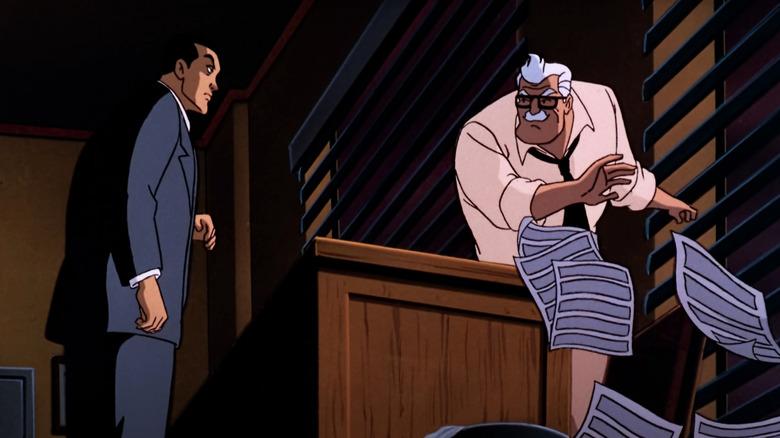 Commissioner Gordon sweeps papers off his desk while Arthur Reeves watches in Batman: The Animated Series