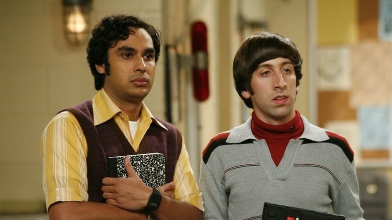 Raj and Howard looking at something in surprise on The Big Bang Theory