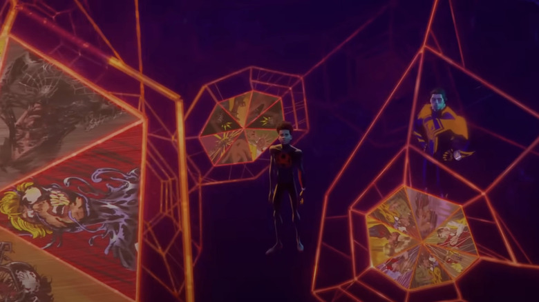 Miles Morales is held in the middle of the Multiverse canvas in Spider-Man: Across The Spider-Ver