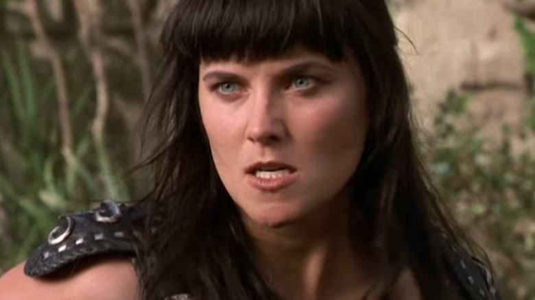 Lucy Lawless as Xena looking angry on Xena: Warrior Princess
