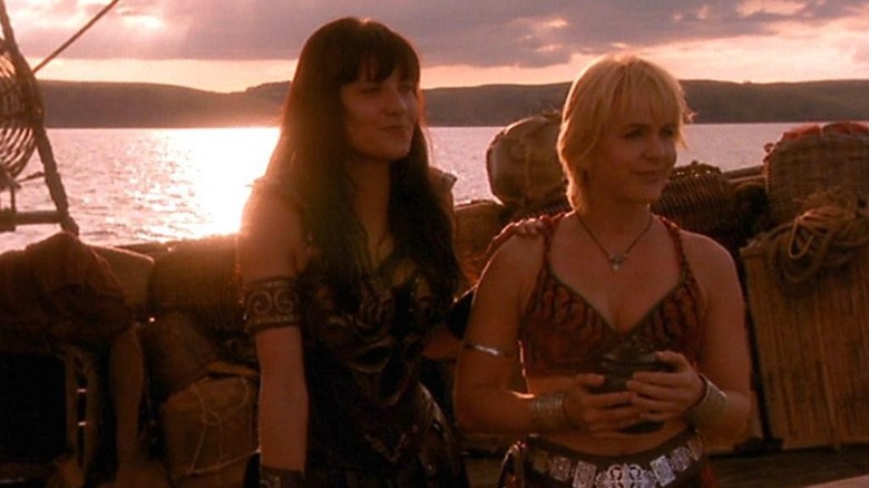 Lucy Lawless as Xena and Renée O'Connor as Gabrielle on a ship on the series finale of Xena: Warrior Princess