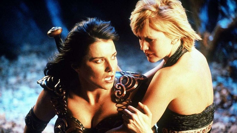 Lucy Lawless as Xena and Renée O'Connor as Gabrielle in an embrace on the series finale of Xena: Warrior Princess