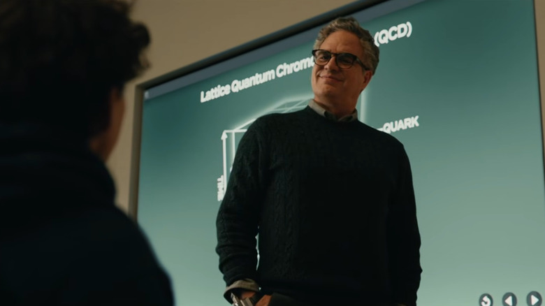 Mark Ruffalo as Bruce Banner standing in a classroom and looking at Tom Holland as Peter Parker in Spider-Man: Brand New Day