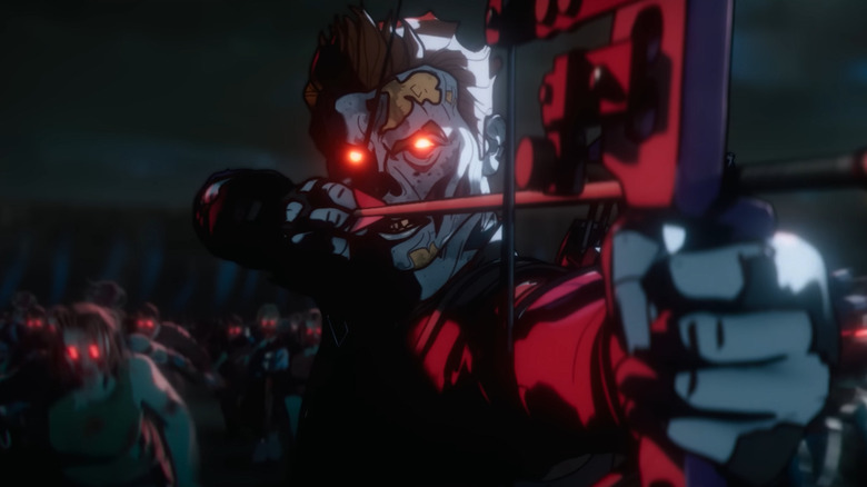 Zombie Hawkeye about to fire an arrow in Marvel Zombies