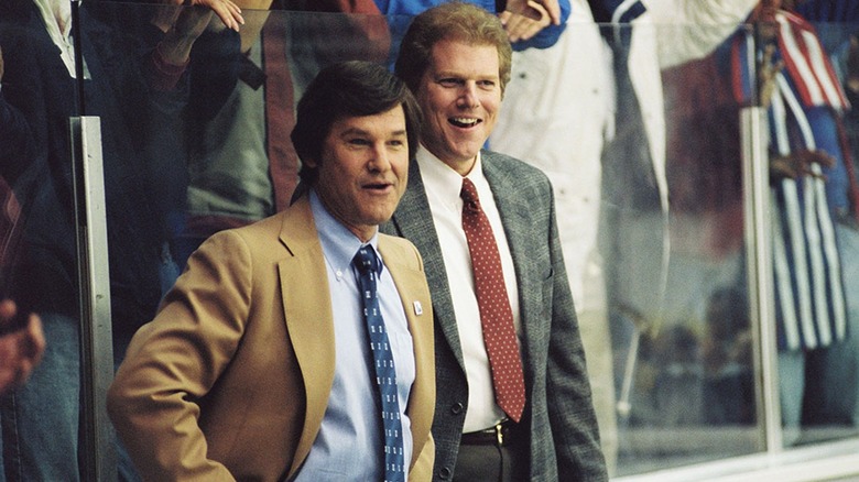 Kurt Russell and Noah Emmerich as Herb Brooks and Craig Patrick in Miracle