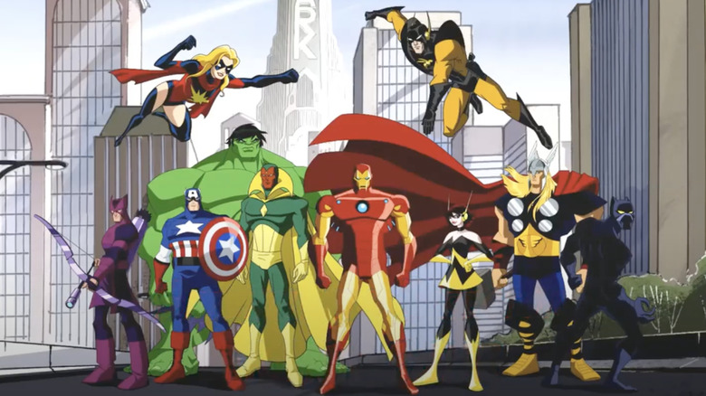 Avenger's Earth's Mightiest Heroes: Ms. Marvel, Yellowjacket, Hawkeye, Hulk, Captain America, Vision, Iron Man, Wasp, Thor, and Black Panther