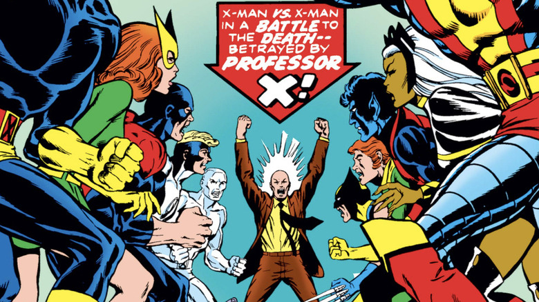 X-Men #100 cover: Cyclops, Jean Grey, Beast, Angel, and Iceman vs Wolverine, Banshee, Nightcrawler, Storm, and Colossus with Professor X standing in the middle