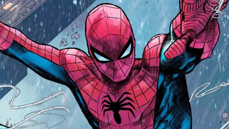 Spider-Man in the comics webslinging in the rain