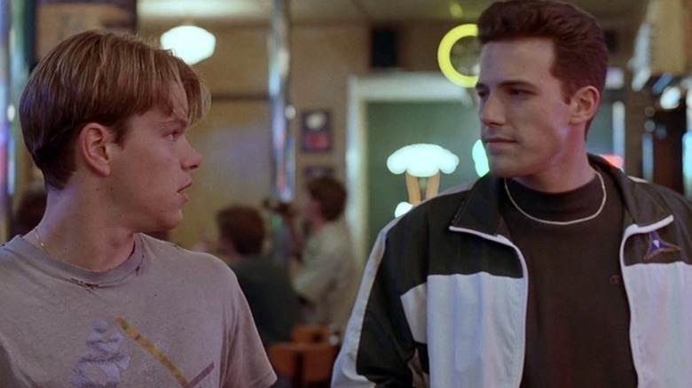 Matt Damon as Will Hunting exchanges glances with Ben Affleck as Chuckie Sullivan in Good Will Hunting