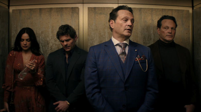 Mike & Nick & Nick & Alice stand in an elevator in Mike & Nick & Nick & Alice