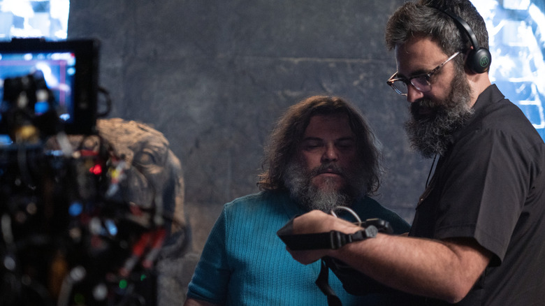 Jack Black as Steve and director Jared Hess in a behind-the-scenes still from A Minecraft Movie