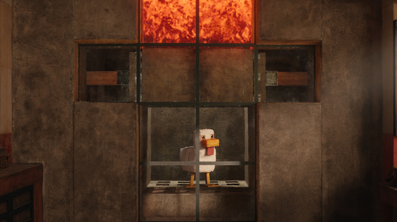 A lava chicken in a room in A Minecraft Movie
