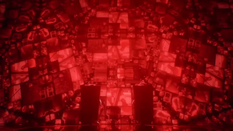 Gordon and Julie sitting in front of hundreds of screens ominously following our main characters in Scott Pilgrim Takes Off