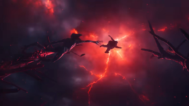 A Demogorgon chasing someone in the Upside Down in Stranger Things 5