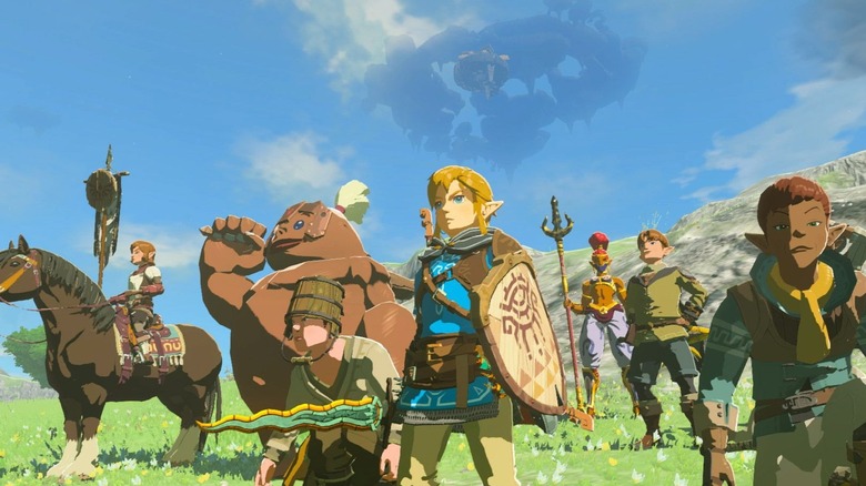 Link standing in front of human and Goron soldiers about to fight a battle in The Legend of Zelda: Tears of the Kingdom