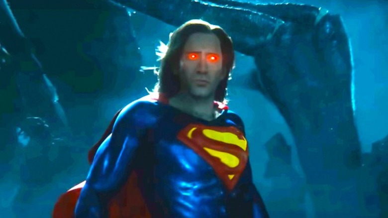Nicolas Cage's Superman is seen floating with glowing red eyes in The Flash