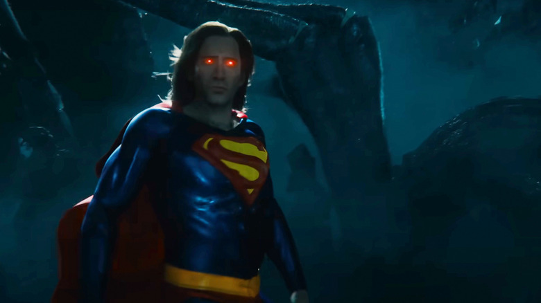 Nicolas Cage's Superman is seen floating with glowing red eyes in The Flash