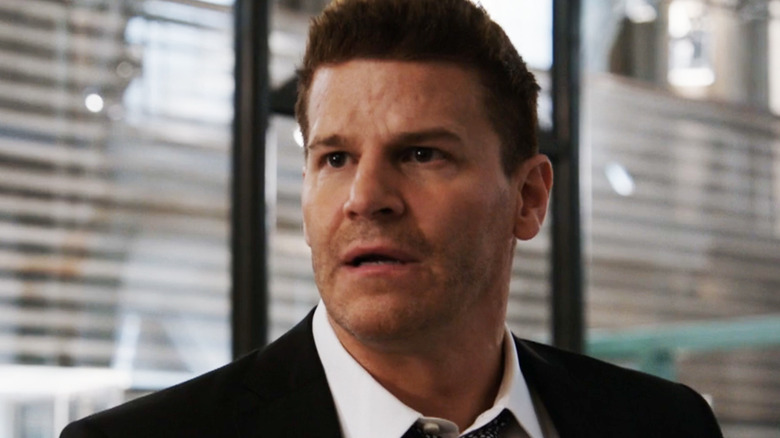 David Boreanaz's Seeley Booth looks worried in an office in Bones