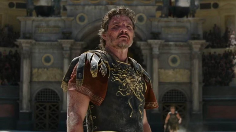 Pedro Pascal as General Acacius bruised up in Gladiator II
