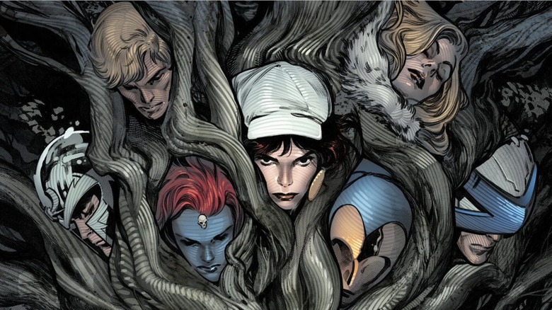Magneto, Cypher, Mystique, Moira, Destiny, Emma Frost, and Professor X embedded in Krakoa roots on the cover of X-Men: Inferno