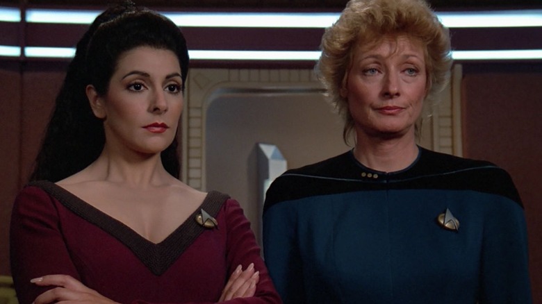 Troi and Dr. Pulaski in Picard's ready room