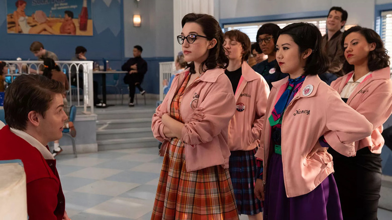 Jason Schmidt (Buddy), Marisa Davila (Jane), Ari Notartomaso (Cynthia), Shanel Bailey (Hazel), Tricia Fukuhara (Nancy), Alexis Sides (Potato), and Cheyenne Wells (Olivia) in 'Grease: Rise of the Pink Ladies.'
