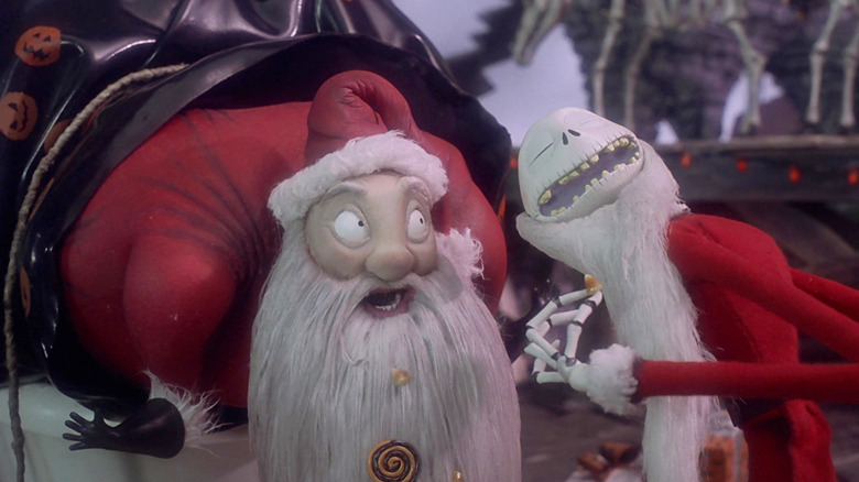 Ed Ivory as Santa Claus looking dismayed at Chris Sarandon as Jack Skellington in The Nightmare Before Christmas