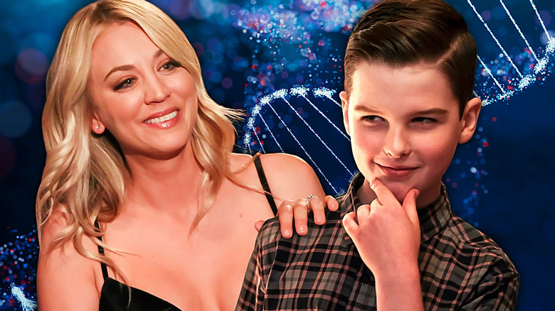 Penny from The Big Bang Theory with her hand on Young Sheldon's shoulder