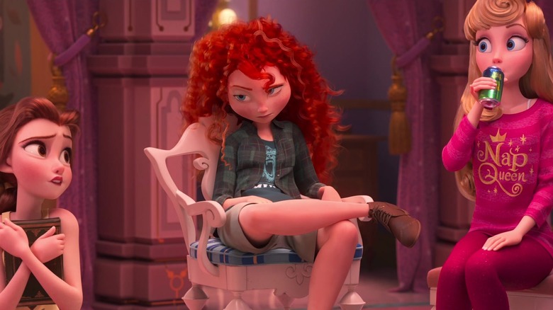 Merida Eyes Belle while Aurora sips a soda in Ralph Brese Internet
