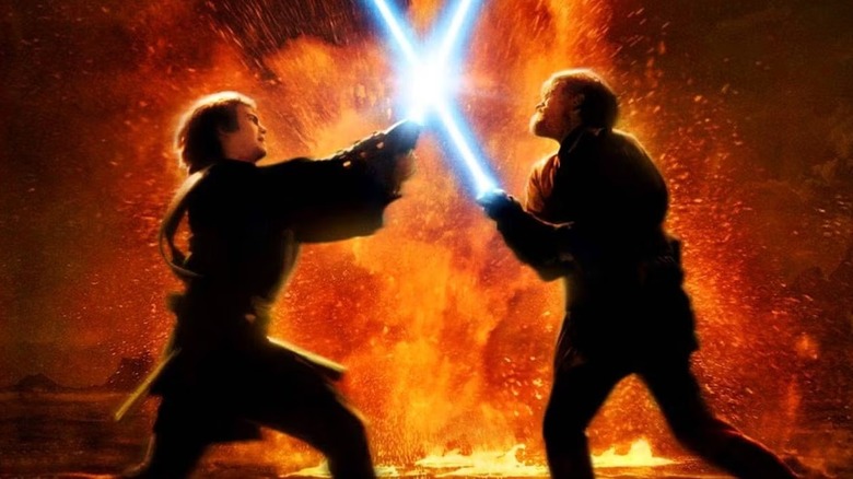 Hayden Christensen's Anakin Skywalker and Ewan McGregor's Obi-Wan Kenobi fighting with their lightsabers over the lava on Mustafar in Star Wars: Revenge of the Sith