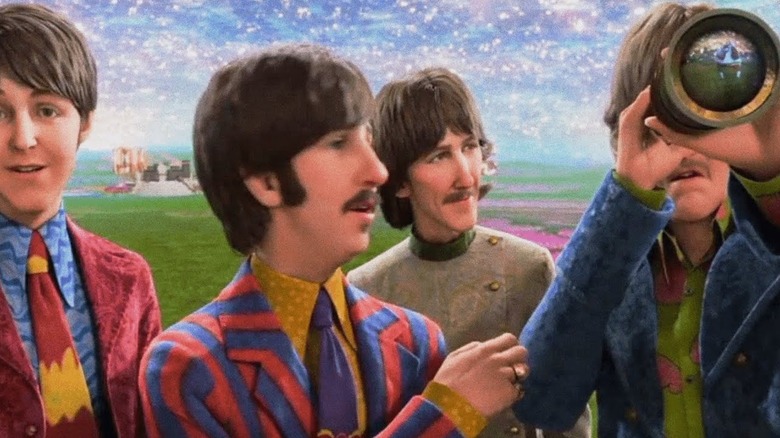 Paul, Ringo, George, and John wearing suits in the unmade Yellow Submarine remake